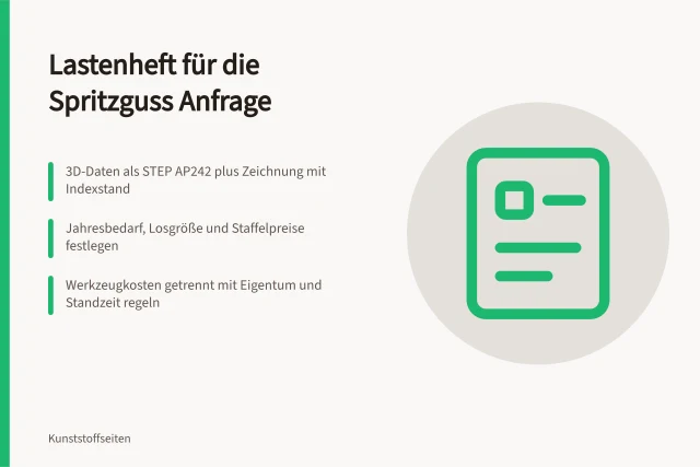 Lastenheft Vorlage für Spritzguss Anfrage mit Pflichtangaben und Stückzahlen. Spritzguss Anfrage: So erstellen Sie ein Lastenheft für Anbieter